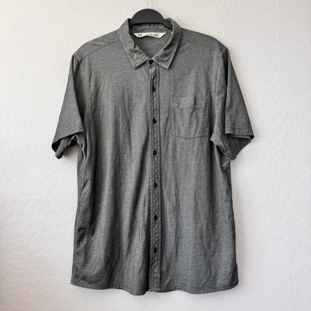 Travis Mathew Large Button Down Shirt Grey Short Sleeve Pima Cotton Heathered